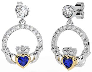 Diamond Sapphire Gold Silver Claddagh Dangle Earrings