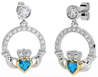 Diamond Topaz Gold Silver Claddagh Dangle Earrings