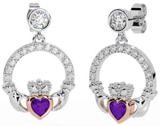 Diamond Amethyst White Rose Gold Claddagh Dangle Earrings