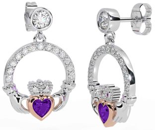 Diamond Amethyst White Rose Gold Claddagh Dangle Earrings