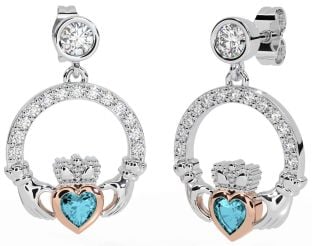 Diamond Aquamarine White Rose Gold Claddagh Dangle Earrings