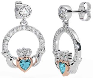 Diamond Aquamarine White Rose Gold Claddagh Dangle Earrings