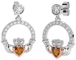 Diamond Citrine White Rose Gold Claddagh Dangle Earrings