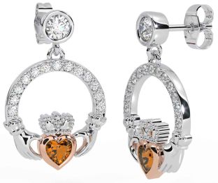 Diamond Citrine White Rose Gold Claddagh Dangle Earrings