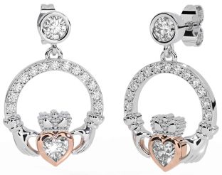 Diamond White Rose Gold Claddagh Dangle Earrings