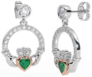 Diamond Emerald White Rose Gold Claddagh Dangle Earrings