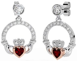 Diamond Garnet White Rose Gold Claddagh Dangle Earrings