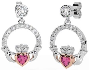 Diamond Pink Tourmaline White Rose Gold Claddagh Dangle Earrings