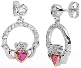 Diamond Pink Tourmaline White Rose Gold Claddagh Dangle Earrings