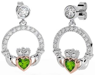 Diamond Peridot White Rose Gold Claddagh Dangle Earrings