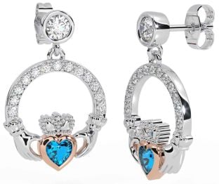 Diamond Topaz White Rose Gold Claddagh Dangle Earrings