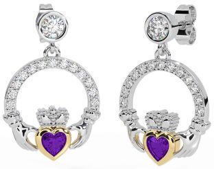 Diamond Amethyst White Yellow Gold Claddagh Dangle Earrings
