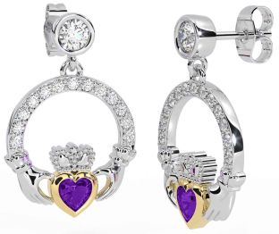Diamond Amethyst White Yellow Gold Claddagh Dangle Earrings