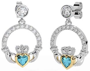 Diamond Aquamarine White Yellow Gold Claddagh Dangle Earrings