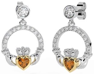 Diamond Citrine White Yellow Gold Claddagh Dangle Earrings