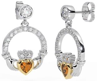 Diamond Citrine White Yellow Gold Claddagh Dangle Earrings