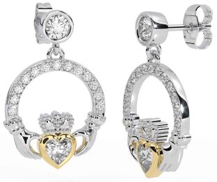 Diamond White Yellow Gold Claddagh Dangle Earrings