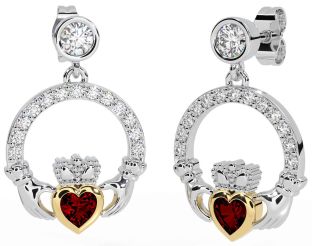 Diamond Garnet White Yellow Gold Claddagh Dangle Earrings