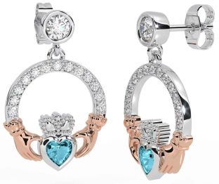 Diamond Aquamarine Rose Gold Silver Claddagh Dangle Earrings