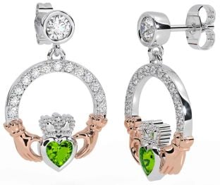 Diamond Peridot Rose Gold Silver Claddagh Dangle Earrings