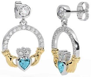Diamond Aquamarine Gold Silver Claddagh Dangle Earrings