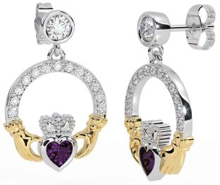 Diamond Alexandrite Gold Silver Claddagh Dangle Earrings
