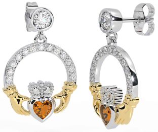Diamond Citrine Gold Silver Claddagh Dangle Earrings