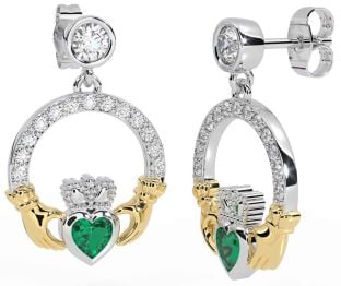 Diamond Emerald Gold Silver Claddagh Dangle Earrings
