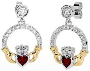 Diamond Garnet Gold Silver Claddagh Dangle Earrings