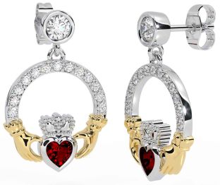 Diamond Garnet Gold Silver Claddagh Dangle Earrings