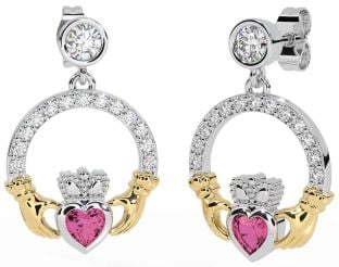 Diamond Pink Tourmaline Gold Silver Claddagh Dangle Earrings