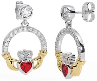 Diamond Ruby Gold Silver Claddagh Dangle Earrings