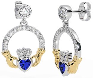 Diamond Sapphire Gold Silver Claddagh Dangle Earrings