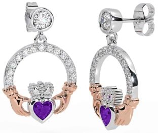 Diamond Amethyst White Rose Gold Claddagh Dangle Earrings