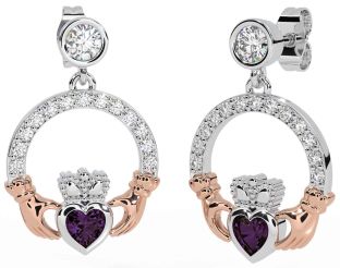 Diamond Alexandrite White Rose Gold Claddagh Dangle Earrings