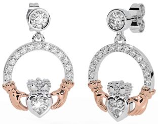 Diamond White Rose Gold Claddagh Dangle Earrings