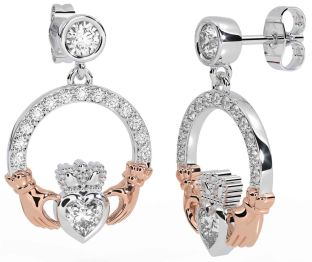 Diamond White Rose Gold Claddagh Dangle Earrings