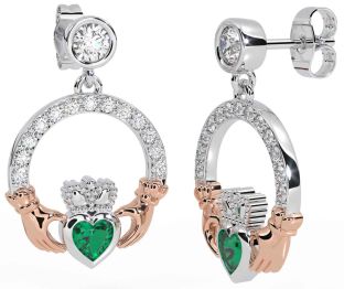 Diamond Emerald White Rose Gold Claddagh Dangle Earrings