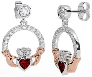 Diamond Garnet White Rose Gold Claddagh Dangle Earrings