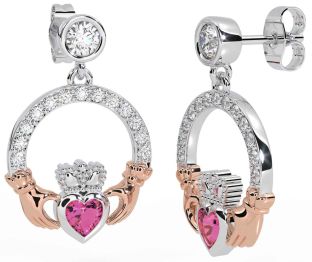 Diamond Pink Tourmaline White Rose Gold Claddagh Dangle Earrings