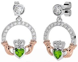 Diamond Peridot White Rose Gold Claddagh Dangle Earrings