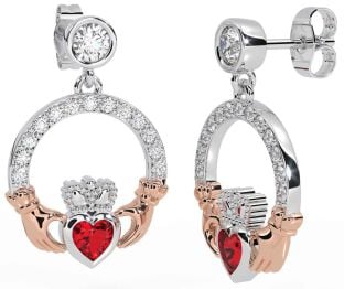 Diamond Ruby White Rose Gold Claddagh Dangle Earrings