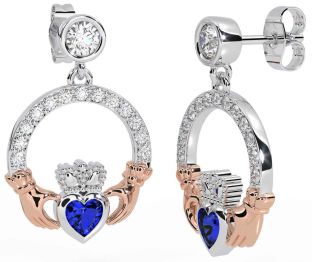 Diamond Sapphire White Rose Gold Claddagh Dangle Earrings