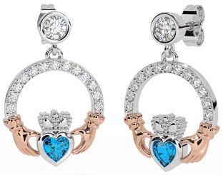 Diamond Topaz White Rose Gold Claddagh Dangle Earrings