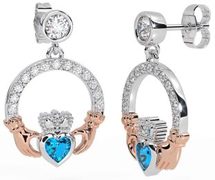 Diamond Topaz White Rose Gold Claddagh Dangle Earrings