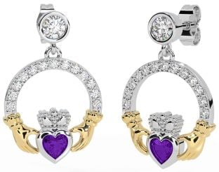 Diamond Amethyst White Yellow Gold Claddagh Dangle Earrings