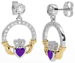 Diamond Amethyst White Yellow Gold Claddagh Dangle Earrings