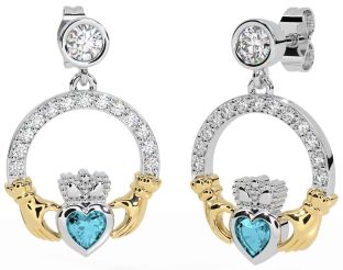 Diamond Aquamarine White Yellow Gold Claddagh Dangle Earrings