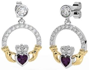 Diamond Alexandrite White Yellow Gold Claddagh Dangle Earrings