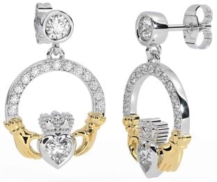 Diamond White Yellow Gold Claddagh Dangle Earrings